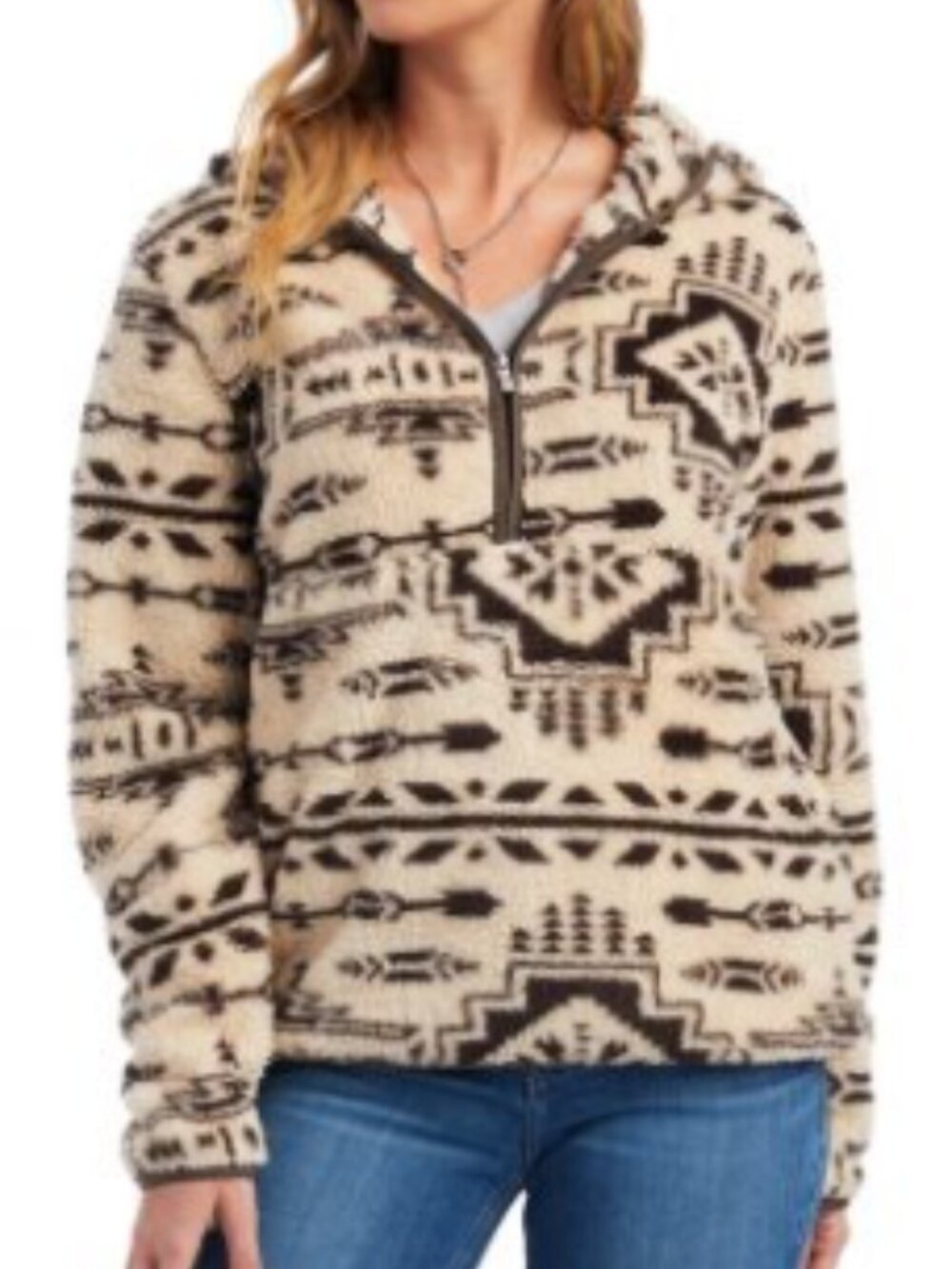 Ariat Tek Cold Series Real Berber Hooded Sweatshirt Size L Brown Cream Aztec